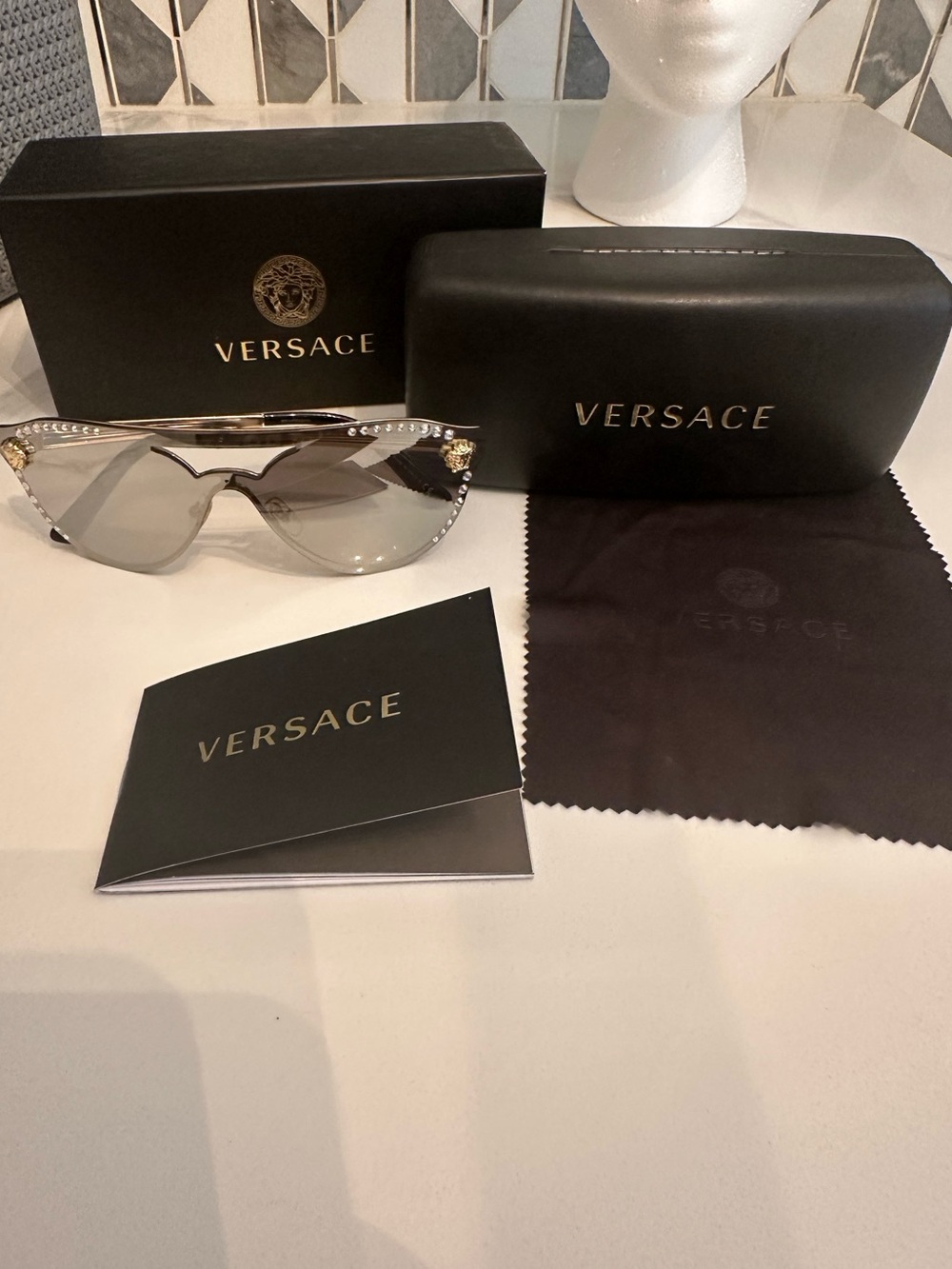 Versace VE2181-B Shield Sunglasses Crystal Medusa Silver Mirror w/ Case
